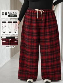 SHEIN CURVE+ 大尺碼女款格紋長褲，黑紅配色彈性腰帶口袋寬腿休閒 90 年代鬆身曲線款，適合 Hoho 假日早午餐、辦公室、秋季、萬聖節 - 彩色 - 查看 2