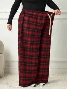 SHEIN CURVE+ 大尺碼女款格紋長褲，黑紅配色彈性腰帶口袋寬腿休閒 90 年代鬆身曲線款，適合 Hoho 假日早午餐、辦公室、秋季、萬聖節 - 彩色 - 查看 6