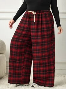 SHEIN CURVE+ 大尺碼女款格紋長褲，黑紅配色彈性腰帶口袋寬腿休閒 90 年代鬆身曲線款，適合 Hoho 假日早午餐、辦公室、秋季、萬聖節 - 彩色 - 查看 11