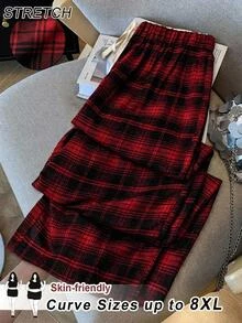 SHEIN CURVE+ 大尺碼女款格紋長褲，黑紅配色彈性腰帶口袋寬腿休閒 90 年代鬆身曲線款，適合 Hoho 假日早午餐、辦公室、秋季、萬聖節 - 彩色 - 查看 4