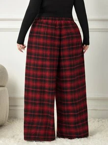 SHEIN CURVE+ 大尺碼女款格紋長褲，黑紅配色彈性腰帶口袋寬腿休閒 90 年代鬆身曲線款，適合 Hoho 假日早午餐、辦公室、秋季、萬聖節 - 彩色 - 查看 3