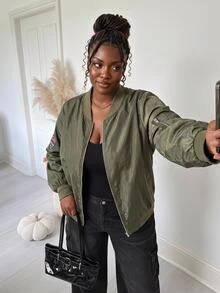 SHEIN CURVE+ Plus Size Women's New Fashion Business Casual Long Sleeve Jacket, Suitable For Commuting, Green Flight Jacket Fall - Green - View 3