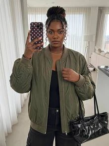 SHEIN CURVE+ Plus Size Women's New Fashion Business Casual Long Sleeve Jacket, Suitable For Commuting, Green Flight Jacket Fall - Green - View 2