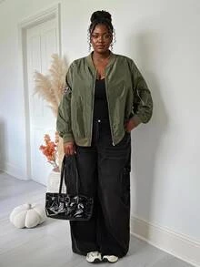 SHEIN CURVE+ Plus Size Women's New Fashion Business Casual Long Sleeve Jacket, Suitable For Commuting, Green Flight Jacket Fall - Green - View 4