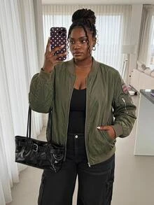 SHEIN CURVE+ Plus Size Women's New Fashion Business Casual Long Sleeve Jacket, Suitable For Commuting, Green Flight Jacket Fall - Green - View 1
