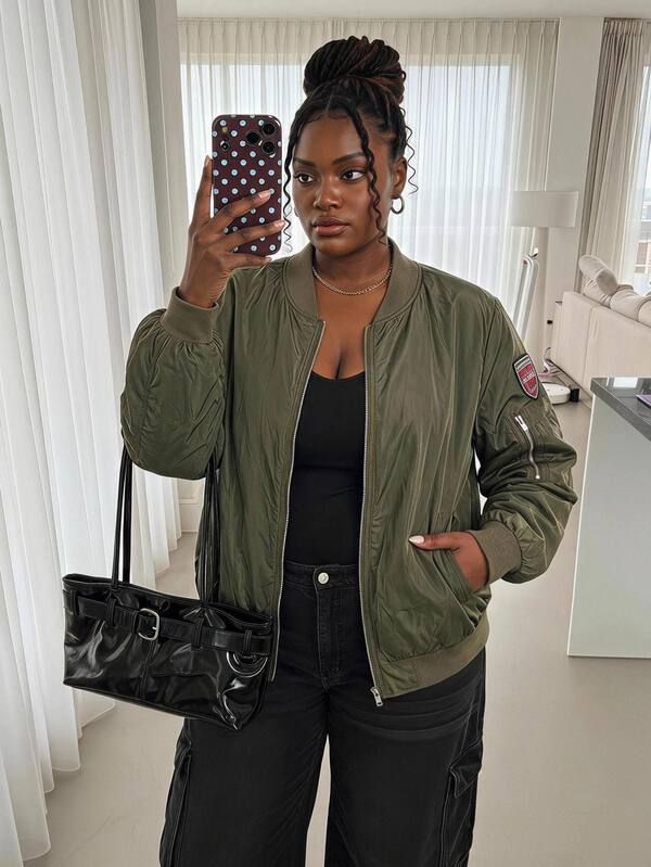 SHEIN CURVE+ Plus Size Women's New Fashion Business Casual Long Sleeve Jacket, Suitable For Commuting, Green Flight Jacket Fall