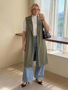 SHEIN CURVE+ 大尺碼女款春夏/秋冬純色翻領口袋優雅通勤西裝外套 - 軍綠色 - 查看 5