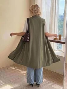 SHEIN CURVE+ 大尺碼女款春夏/秋冬純色翻領口袋優雅通勤西裝外套 - 軍綠色 - 查看 2