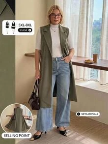 SHEIN CURVE+ 大尺碼女款春夏/秋冬純色翻領口袋優雅通勤西裝外套 - 軍綠色 - 查看 6