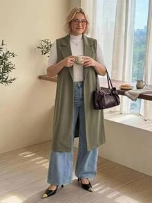 SHEIN CURVE+ 大尺碼女款春夏/秋冬純色翻領口袋優雅通勤西裝外套 - 軍綠色 - 查看 1