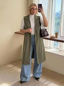 SHEIN CURVE+ 大尺碼女款春夏/秋冬純色翻領口袋優雅通勤西裝外套 - 軍綠色 - 查看 9