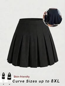 SHEIN CURVE+ Plus Size Women's Pleated Mini Skirt, Black, With Pockets, Privacy Protection, Cute Style, Casual Versatile Fall - Black - View 2