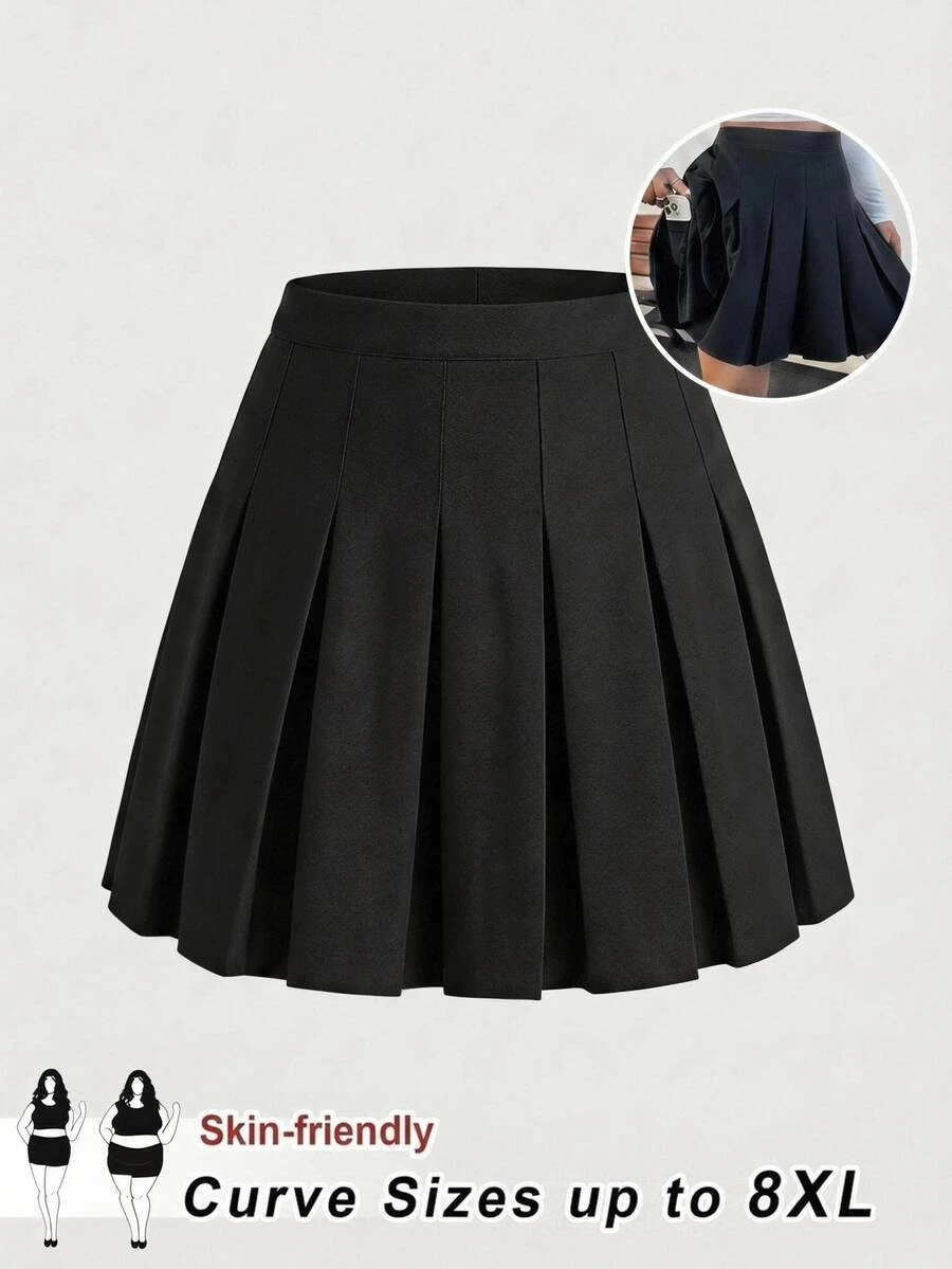 SHEIN CURVE+ Plus Size Women's Pleated Mini Skirt, Black, With Pockets, Privacy Protection, Cute Style, Casual Versatile Fall