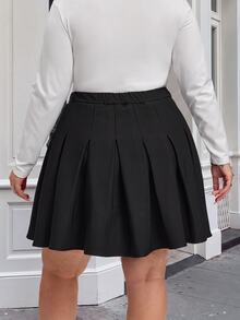 SHEIN CURVE+ Plus Size Women's Pleated Mini Skirt, Black, With Pockets, Privacy Protection, Cute Style, Casual Versatile Fall - Black - View 3
