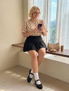 SHEIN CURVE+ Plus Size Women's Pleated Mini Skirt, Black, With Pockets, Privacy Protection, Cute Style, Casual Versatile Fall - Black - View 4