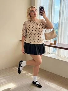 SHEIN CURVE+ Plus Size Women's Pleated Mini Skirt, Black, With Pockets, Privacy Protection, Cute Style, Casual Versatile Fall - Black - View 5