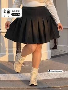 SHEIN CURVE+ Plus Size Women's Pleated Mini Skirt, Black, With Pockets, Privacy Protection, Cute Style, Casual Versatile Fall - Black - View 8