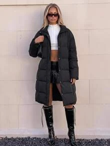 SHEIN ICON Women's Casual Warm Button-Up Long Sleeve Stand Collar Long Padded Coat For Autumn - Black - View 1
