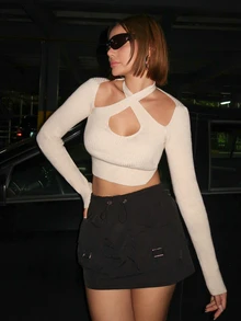 SHEIN ICON Crisscross Cut Out Front Crop Sweater - Beige - View 5