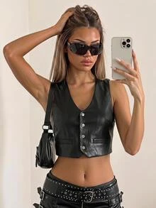 SHEIN ICON سترات جلدية غربية سوداء للمرأة كاجوال للخروج - الأسود - مشاهدة 1
