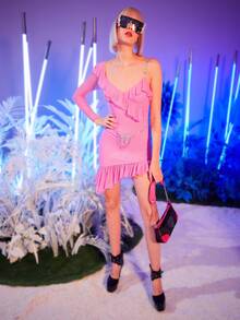 SHEIN ICON Women Dresses Asimetris Ruffle Ruffle Hem Plain Glamor - Baby Pink - View 3