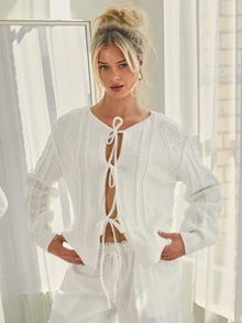 SHEIN ICON 1pc Women's Solid Color Front Tie Long Sleeve Minimalist Casual Top - White - View 4