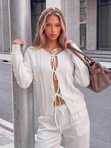 SHEIN ICON 1pc Women's Solid Color Front Tie Long Sleeve Minimalist Casual Top - White - View 1