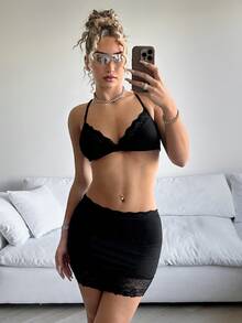 SHEIN ICON 女士蕾絲修邊交叉背心短褲套裝 - 黑色 - 查看 6