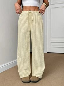 SHEIN PETITE Women's Striped Straight Leg Loose Fit Pants With Waist Tie - Yellow - View 1