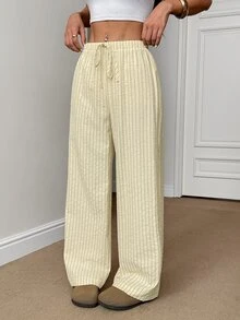 SHEIN PETITE Women's Striped Straight Leg Loose Fit Pants With Waist Tie - Yellow - View 5