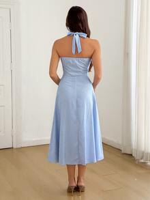 SHEIN Tall Striped Print Halter Neck Backless Dress - Blue and White - View 2