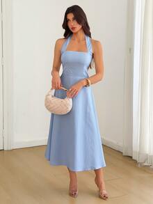 SHEIN Tall Striped Print Halter Neck Backless Dress - Blue and White - View 3