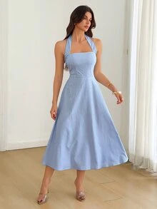 SHEIN Tall Striped Print Halter Neck Backless Dress - Blue and White - View 4