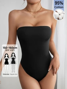 SHEIN PETITE 純色抹胸夏季時尚女款連身衣 - 黑色 - 查看 8