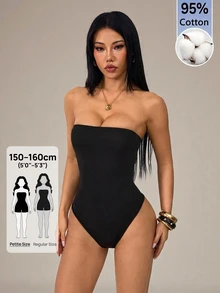 SHEIN PETITE 純色抹胸夏季時尚女款連身衣 - 黑色 - 查看 10