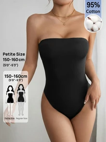 SHEIN PETITE 純色抹胸夏季時尚女款連身衣 - 黑色 - 查看 5