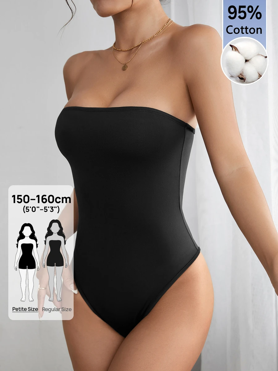 SHEIN PETITE 純色抹胸夏季時尚女款連身衣 - 黑色 - 查看 1