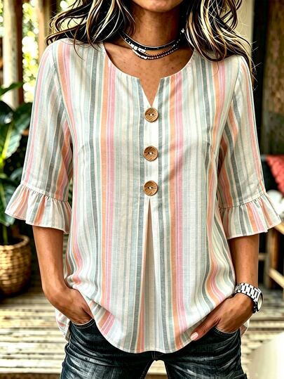 Breezaya Plus Size Women's V-Neck Button Decor Mid-Sleeve Striped Shirt, Ladies Summer Top, Vacation Blouse