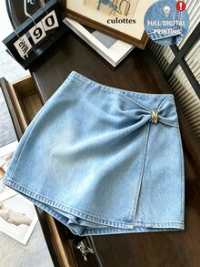 SHEIN Franclia SHEIN 時尚休閒通勤印花高腰不對稱裙，藍色女款裙褲，夏季下著，初秋熱褲 - 淺色水洗藍 - 查看 1
