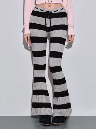 Autumn/Winter Grunge Punk Low Waist Wide Striped Casual Streetwear Flare Leg Sweater Pants For Women