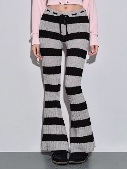 Herbst/Winter Grunge Punk Low Waist weit gestreifte lässige Streetwear Schlaghose aus Strick für Damen