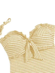 Swim Mod Setelan Bikini Segitiga Satu Potong Berenda dengan Tali Bahu yang Dapat Disesuaikan dan Dilepas, Motif Kotak-kotak Pink & Putih Ukuran Plus, Model Bustier dengan Potongan Terbuka dan Tali Pengikat, Gaya Liburan Pantai yang Manis, Imut, Segar, dan Kasual untuk Wanita - MultiWarna - View 5