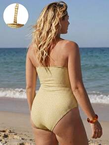 Swim Mod Setelan Bikini Segitiga Satu Potong Berenda dengan Tali Bahu yang Dapat Disesuaikan dan Dilepas, Motif Kotak-kotak Pink & Putih Ukuran Plus, Model Bustier dengan Potongan Terbuka dan Tali Pengikat, Gaya Liburan Pantai yang Manis, Imut, Segar, dan Kasual untuk Wanita - MultiWarna - View 2