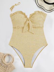 Swim Mod Setelan Bikini Segitiga Satu Potong Berenda dengan Tali Bahu yang Dapat Disesuaikan dan Dilepas, Motif Kotak-kotak Pink & Putih Ukuran Plus, Model Bustier dengan Potongan Terbuka dan Tali Pengikat, Gaya Liburan Pantai yang Manis, Imut, Segar, dan Kasual untuk Wanita - MultiWarna - View 6