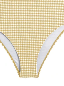 Swim Mod Setelan Bikini Segitiga Satu Potong Berenda dengan Tali Bahu yang Dapat Disesuaikan dan Dilepas, Motif Kotak-kotak Pink & Putih Ukuran Plus, Model Bustier dengan Potongan Terbuka dan Tali Pengikat, Gaya Liburan Pantai yang Manis, Imut, Segar, dan Kasual untuk Wanita - MultiWarna - View 4