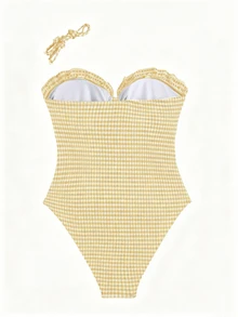 Swim Mod Setelan Bikini Segitiga Satu Potong Berenda dengan Tali Bahu yang Dapat Disesuaikan dan Dilepas, Motif Kotak-kotak Pink & Putih Ukuran Plus, Model Bustier dengan Potongan Terbuka dan Tali Pengikat, Gaya Liburan Pantai yang Manis, Imut, Segar, dan Kasual untuk Wanita - MultiWarna - View 3