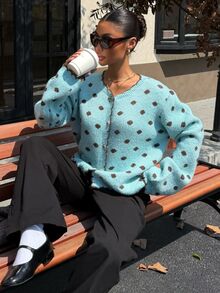 Muchica Women's Polka Dot Pattern Long Sleeve Single-Breasted Casual Knit Cardigan - Blue - View 3