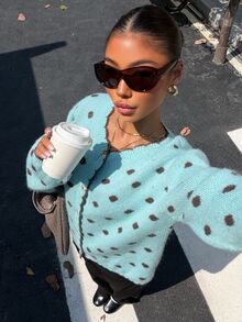 Muchica Women's Polka Dot Pattern Long Sleeve Single-Breasted Casual Knit Cardigan - Blue - View 5