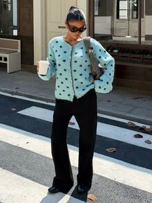 Muchica Women's Polka Dot Pattern Long Sleeve Single-Breasted Casual Knit Cardigan - Blue - View 4