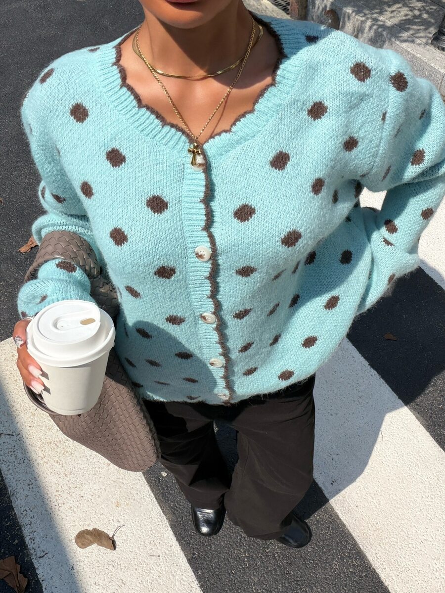 Muchica Women's Polka Dot Pattern Long Sleeve Single-Breasted Casual Knit Cardigan - Blue - View 1